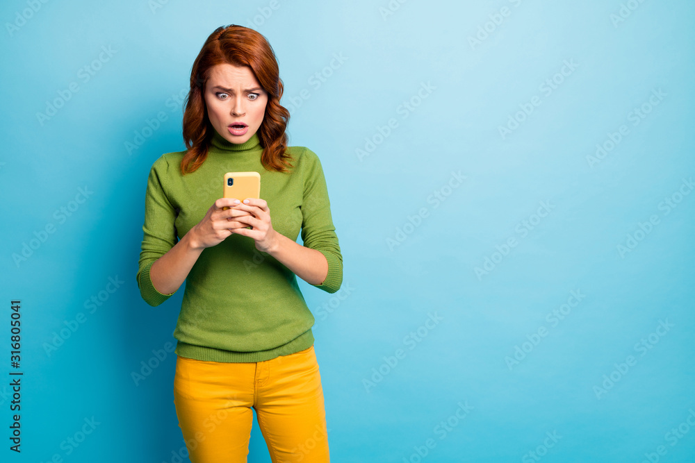 Portrait of her she nice attractive lovely nervous worried addicted wavy-haired girl using cell fake bad news isolated on bright vivid shine vibrant blue turquoise teal color background Portrait of her she nice attractive lovely nervous worried addicted wavy-haired girl using cell fake bad news isolated on bright vivid shine vibrant blue turquoise teal color background