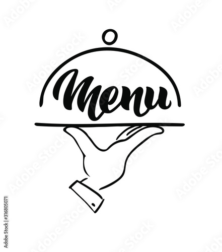 Menu word hand lettering and tray hand. Handmade vector calligraphy isolated on white. Restaurant Menu Card Design template. EPS 10