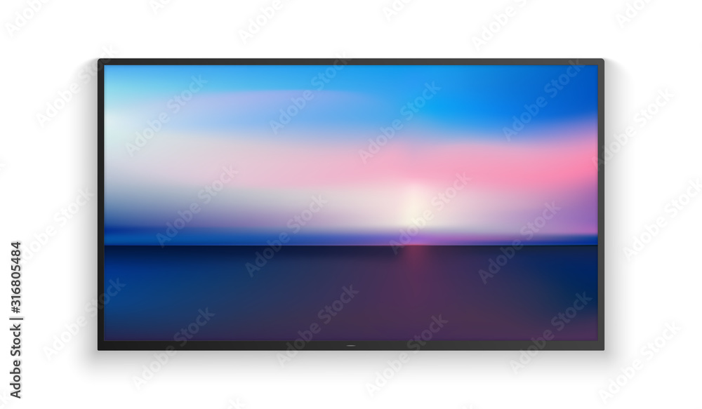 Vector realistic wide angle smart HD tv on the wall. Blue aerial panoramic view of sunrise over ocean. Led 3d screen isolated on white background. Sunrise watercolor gradation. Vector realistic wide angle smart HD tv on the wall. Blue aerial panoramic view of sunrise over ocean. Led 3d screen isolated on white background. Sunrise watercolor gradation.