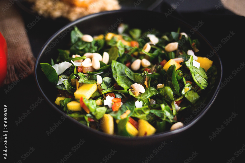 Mediterranean Spinach Salad with mango, peanuts, and red peppers Mediterranean Spinach Salad with mango, peanuts, and red peppers