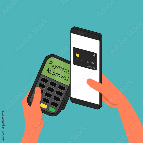Hands holding bank terminal and smartphone. Performing nfc contactless payment with card. Blue background. Flat vector illustration.