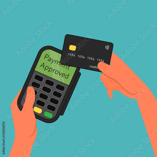 Hands holding bank terminal and credit card. Performing nfc contactless payment with card. Blue background. Flat vector illustration.