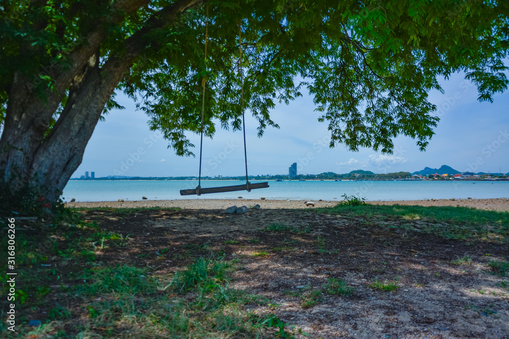 swing hanging on a tree by the sea,Tropical beach background as summer landscape with beach swing or hammock and white sand and calm sea for beach banner. swing hanging on a tree by the sea,Tropical beach background as summer landscape with beach swing or hammock and white sand and calm sea for beach banner.