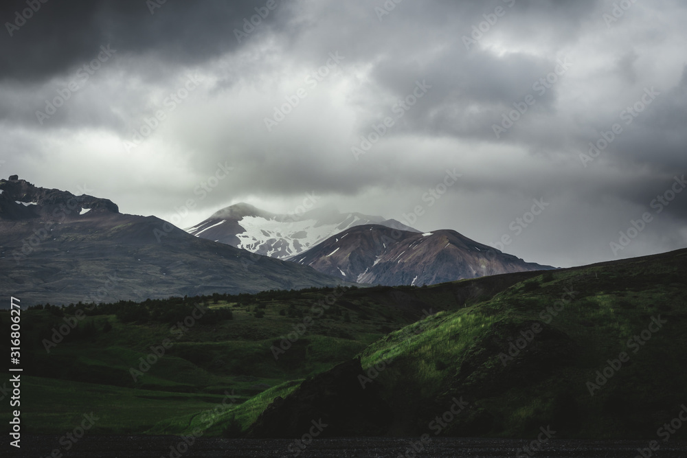 Moody weather with the mountain in the distance. Thorsmork valley