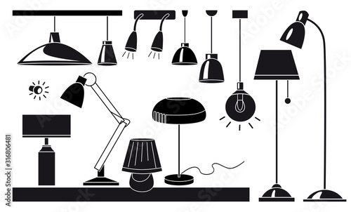 Lamps and chandeliers flat vector illustration set. Cartoon black and white icons