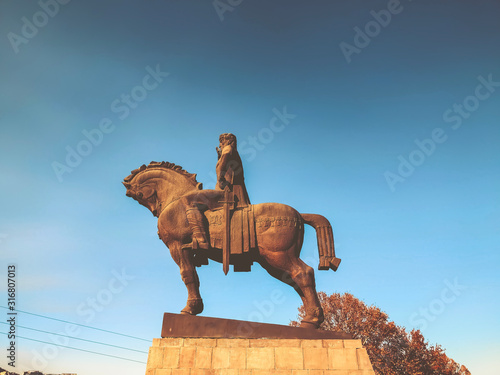 TBILISI, GEORGIA - December 17 2019: The old district of the city in Tbilisi, King Vakhtang Gorgasali on the horse monument