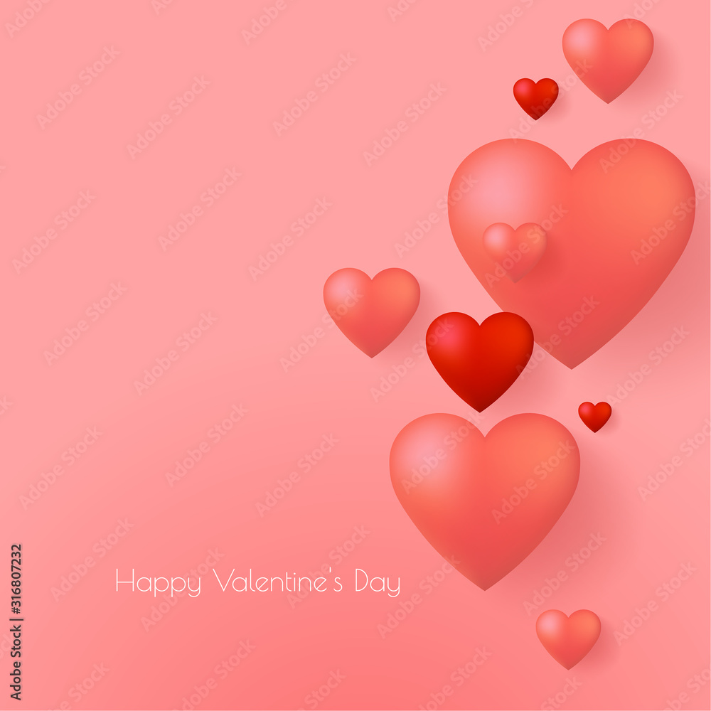 Happy Valentines Day greeting card vector template. Romantic poster with 3d red hearts. Vector illustrtation.