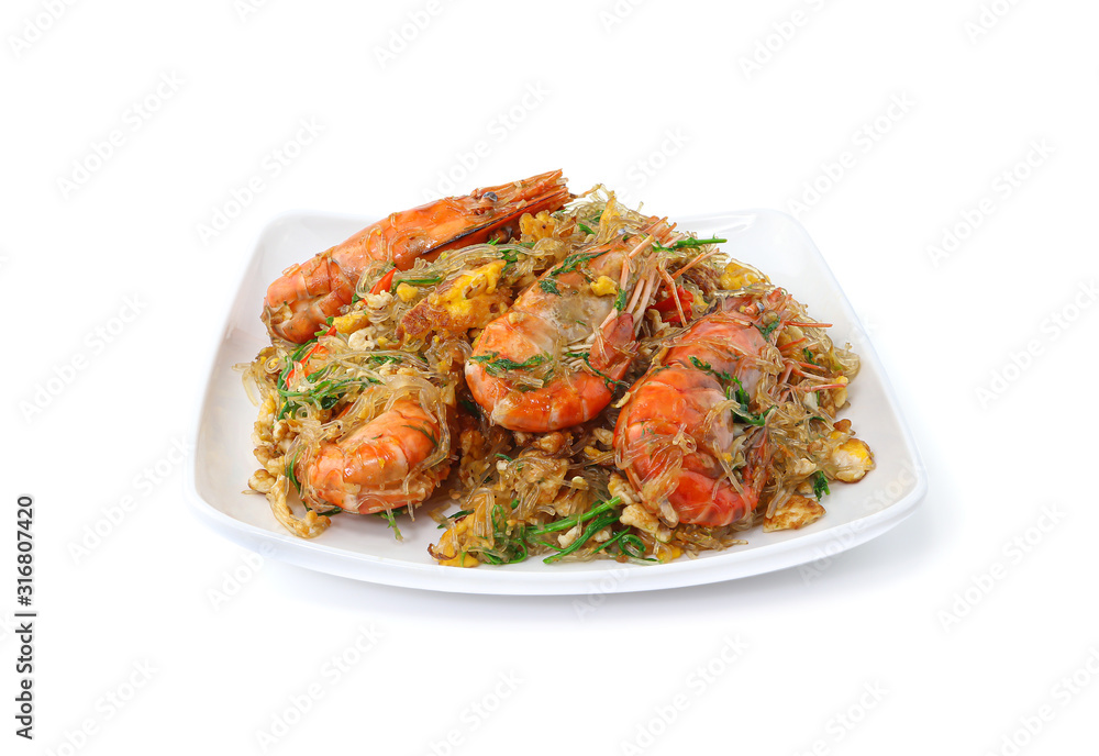 Stir Fry Glass Noodles with Shrimp (Goong Pad Woon Sen) or Casseroled shrimps with glass noodles isolated on white background with clipping path