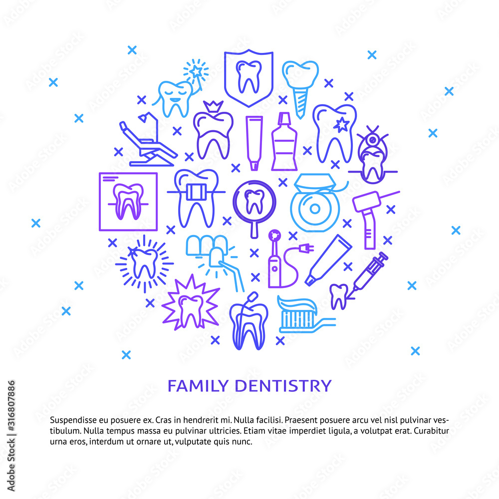 Family dentistry round concept banner in line style