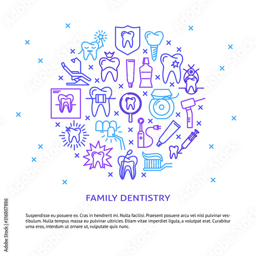 Family dentistry round concept banner in line style
