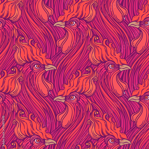 Rooster seamless pattern, Chinese zodiac symbol. Vector endless background. Repeating head of cock. Design for wallpaper art, coloring, nature and spirituality. Vintage print..