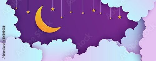 Night sky in paper cut style. Cut out 3d background with violet and blue gradient cloudy landscape with stars and moon papercut art. Cute origami clouds. Vector card for wish good night sweet dreams.