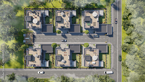 Aerial view of a townhouse village / gated community in the foggy morning, 3d rendering