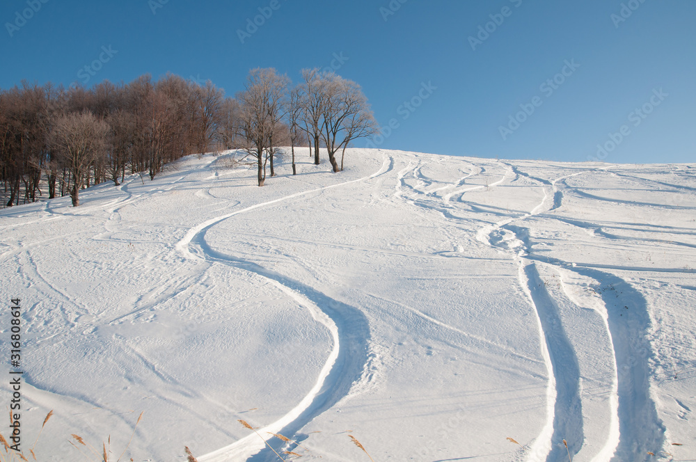 Footprints in the snow, frost, sunny weather. Footprints in the snow, frost, sunny weather.