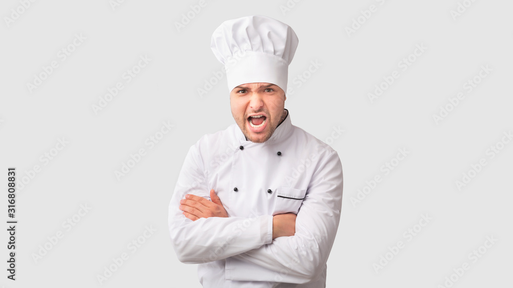 Angry Chef Man Shouting Crossing Hands Standing In Studio, Panorama