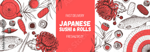 Sushi and rolls vector illustration. Hand drawn sketch. Japanese food menu design. Vintage vector elements for japanese cuisine menu. Retro style design. Food and drink collection.