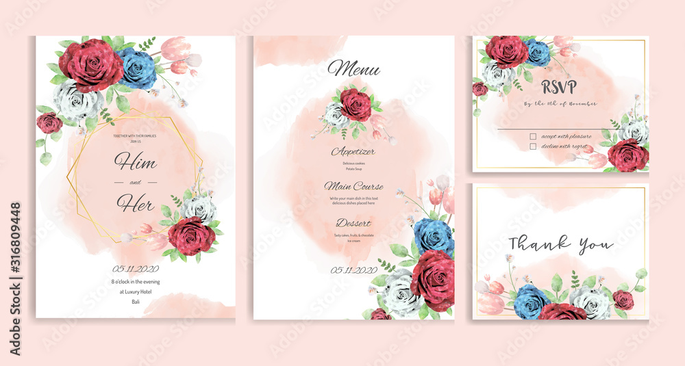 Elegant wedding invitation with watercolour of red, blue, and white roses flower,  soft pink ink, and green leaves design. Template set vector image.