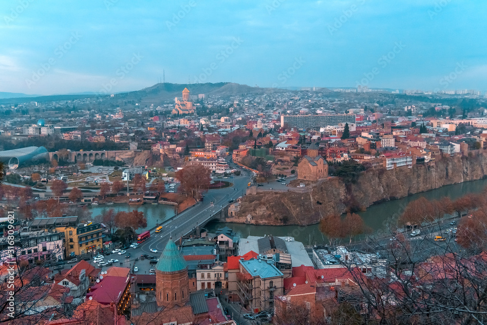 Tbilisi, Georgia, 15 December 2019 - view of Tbilisi from Narikala fortress at the evening