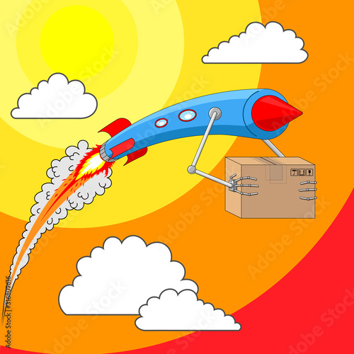Rocket delivery man carries a package in robotic hands on a background of sunset