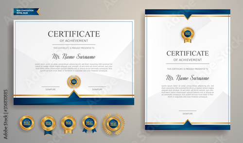 Blue and gold certificate of achievement template with gold badge and border