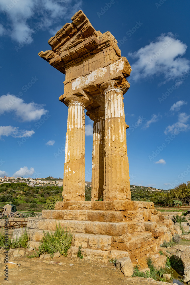 Temple of Dioscuri (Castor and Pollux). Famous ancient ruins in Valley of Temples, Agrigento, Sicily, Italy.