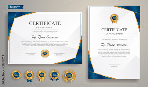 Blue and gold certificate of achievement template with gold badge and border