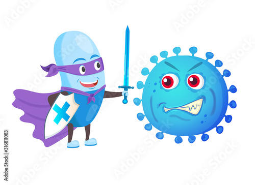 Funny strong pill guardian with sword and shield fight with bacteria virus. Capsule, health, medical antibiotic concept
