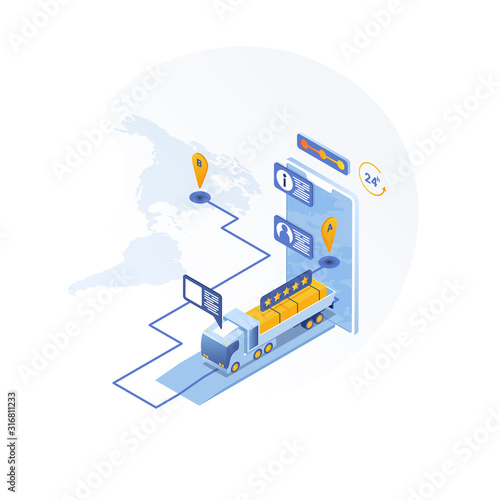 International shipping. Online transportation order. Workers loading products on the trucks and tracking delivery with a tablet: smart logistics and transportation concept.