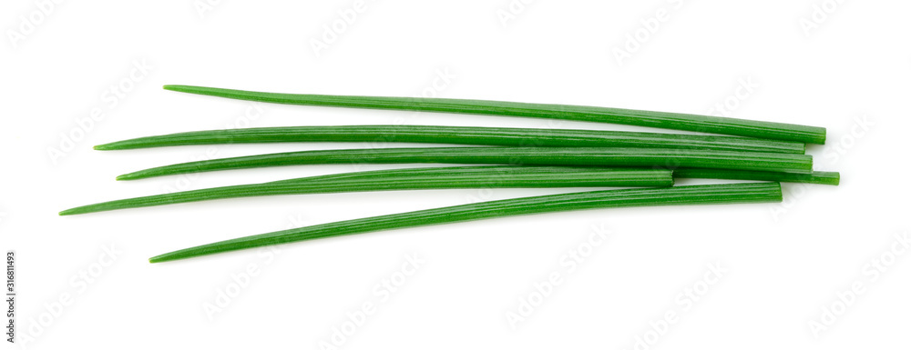 Chives isolated. Young green onion. Flat lay. Top view. - obrazy, fototapety, plakaty 