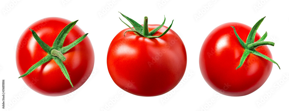 Tomato isolate. Tomato on white background. Tomatoes top view, side view. With clipping path. - obrazy, fototapety, plakaty 
