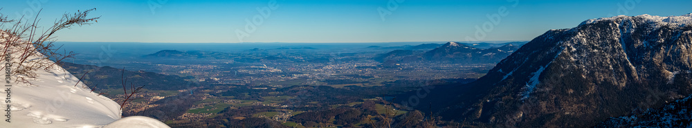 High resolution stitched panorama of a beautiful far view of Salzburg at the famous Predigtstuhl, Bad Reichenhall, Bavaria, Germany