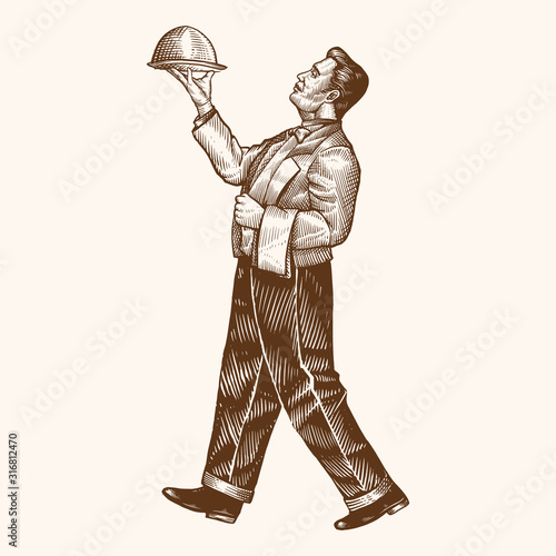Hand-drawn restaurant waiter's holding tray for hot dishes. Vintage illustration for design menu restaurant or cafe.