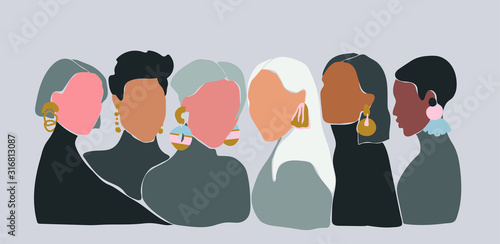 A group of women with big earrings. Sisterhood concept. Vector llustration of 6 women with different skin color staying close to each other