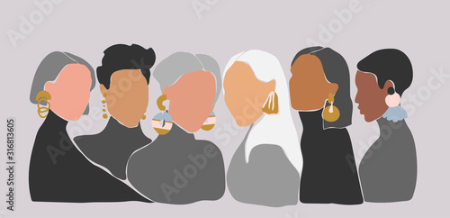 A group of women with big earrings. Sisterhood concept. Illustrations of 6 women with different skin color staying close to each other