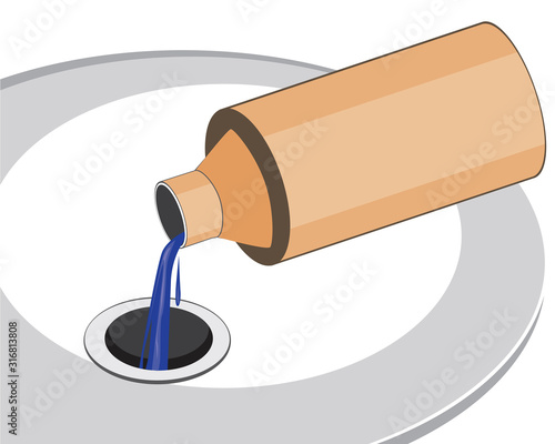 A bottle of remedy to eliminate blockages and clogged pipeline, a vector stock illustration with sink and drain as a plumbing problem concept