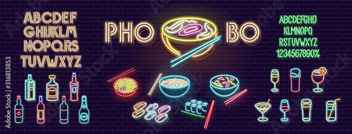 Neon pho bo noodles for bar sign, logo. Lots of ramen, soup, sushi, rolls and asian food. Bottles and cocktails for drink menu. Two variations of alphabet and digits.