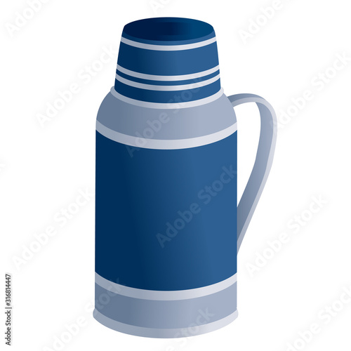 blue large thermos for hiking and travel, isolated object on a white background,