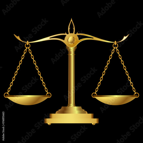 Gold scales justice on black background. vector illustration