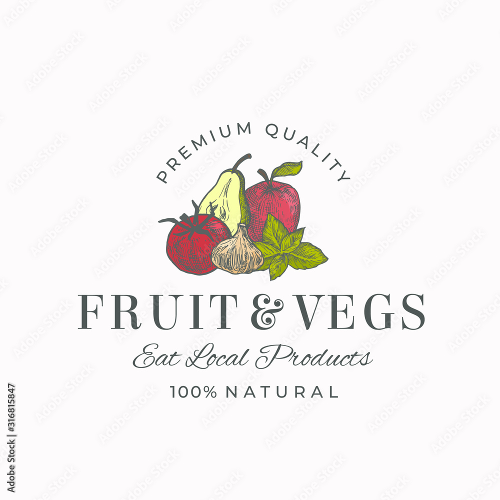 Eat Local Fruits and Vegetables Abstract Vector Sign, Symbol or Logo Template. Half of Pear, Apple, Tomato, Garlic and Basil Leaf Sketches with Retro Typography. Vintage Luxury Emblem. Eat Local Fruits and Vegetables Abstract Vector Sign, Symbol or Logo Template. Half of Pear, Apple, Tomato, Garlic and Basil Leaf Sketches with Retro Typography. Vintage Luxury Emblem.
