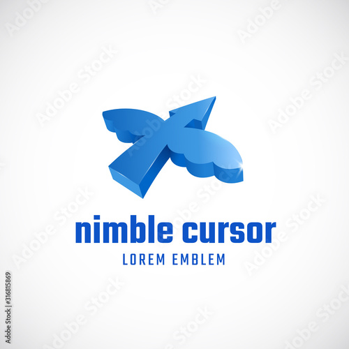 Nimble Cursor Concept. Abstract Vector Sign or Logo Template. Flying Arrow Symbol with Wings and Modern Typography. Tech Blue Colors.