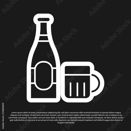 Black Beer bottle and glass icon isolated on black background. Alcohol Drink symbol. Vector Illustration