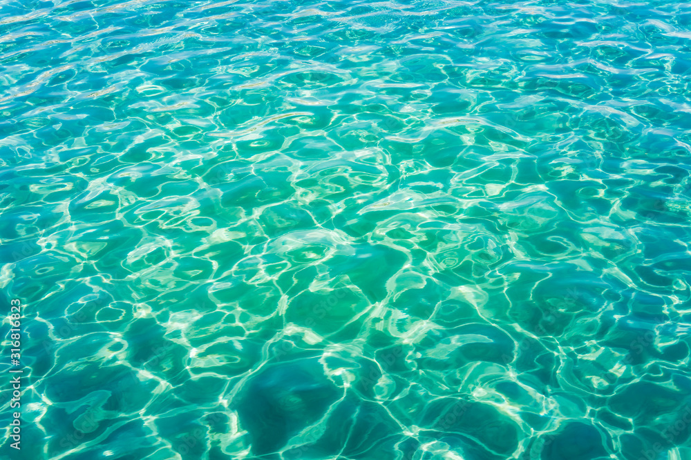 View of turquoise sea closeup, water  background, horizontal picture