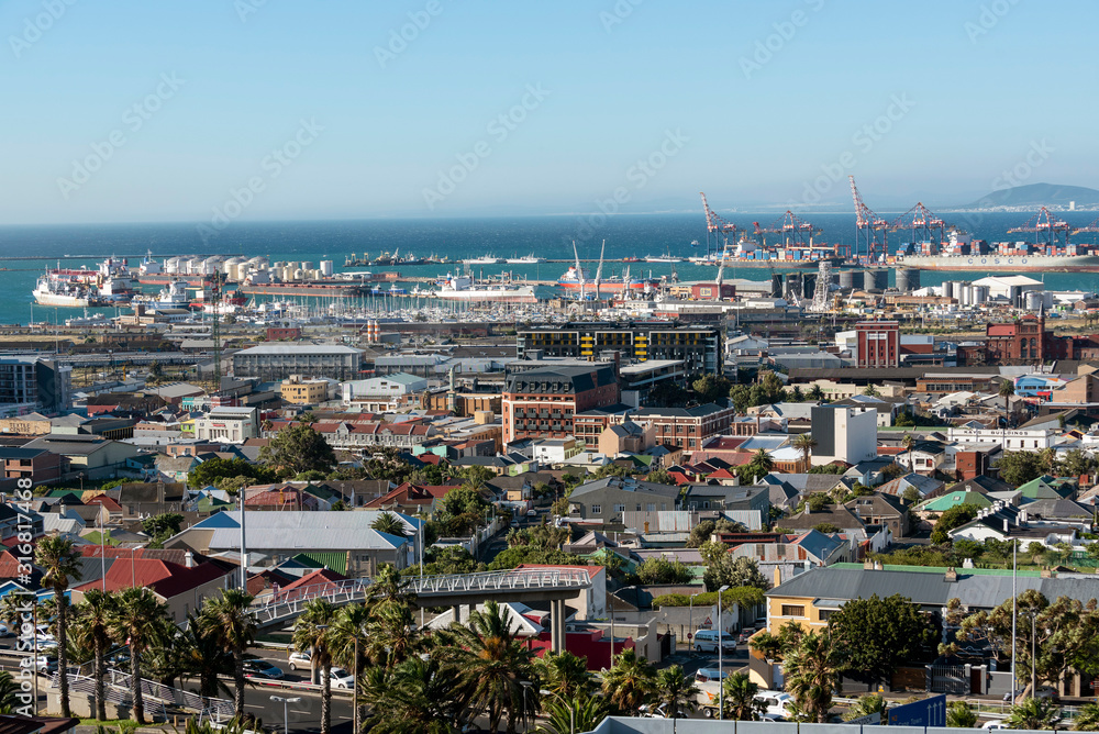 Cape Town docks. December 2019. An overview of Cape Town port and docks area looking to Table Bay harbour and the west coast.