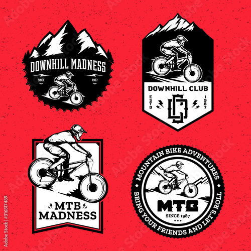 Vector downhill mountain biking badge, logo, label with rider on a bike and mountain silhouette. Downhill, enduro, cross-country biking illustration