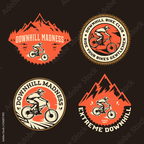Vector downhill mountain biking badge, logo, label with rider on a bike and mountain silhouette. Downhill, enduro, cross-country biking illustration