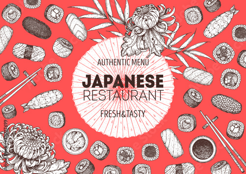 Sushi and rolls vector illustration. Hand drawn sketch. Japanese food menu design. Vintage vector elements for japanese cuisine menu. Retro style design. Food and drink collection.
