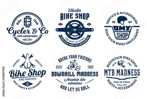 Valokuvatapetti Set of vector bike shop, bicycle service, mountain biking vintage logo, badges a