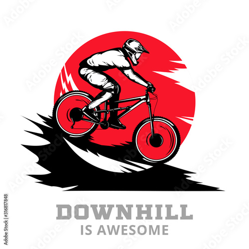Vector downhill mountain biking illustration with rider on a bike in ultimate black, red and white colors