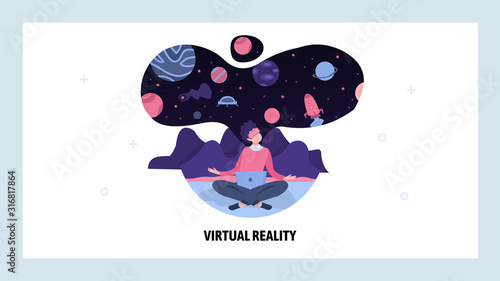 Man in virtual reality VR glasses imagine outer space. VR technology digital device. Vector web site design template. Landing page website concept illustration