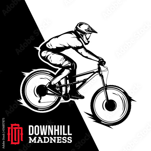 Vector downhill mountain biking illustration with rider on a bike in ultimate black, red and white colors